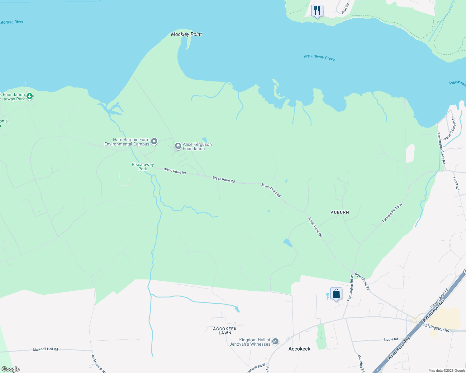 map of restaurants, bars, coffee shops, grocery stores, and more near 1608 Bryan Point Road in Accokeek