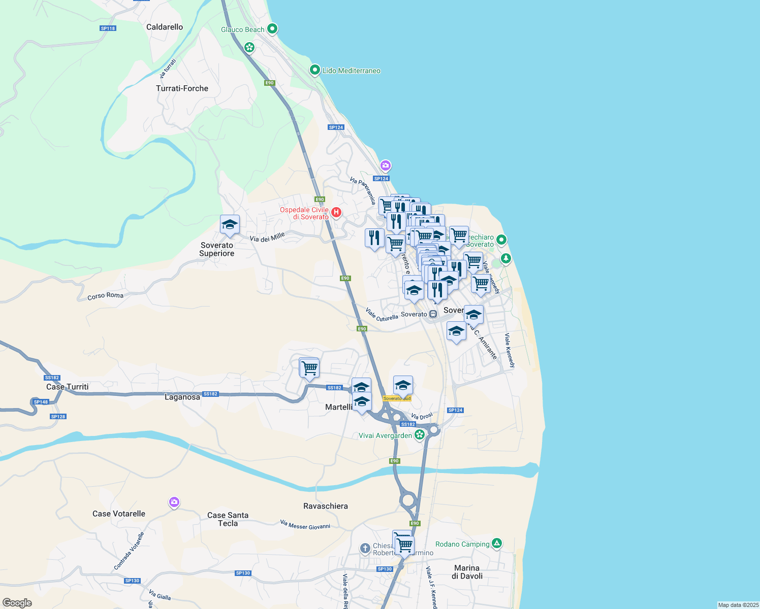 map of restaurants, bars, coffee shops, grocery stores, and more near 17 Via delle Rose in Soverato Marina