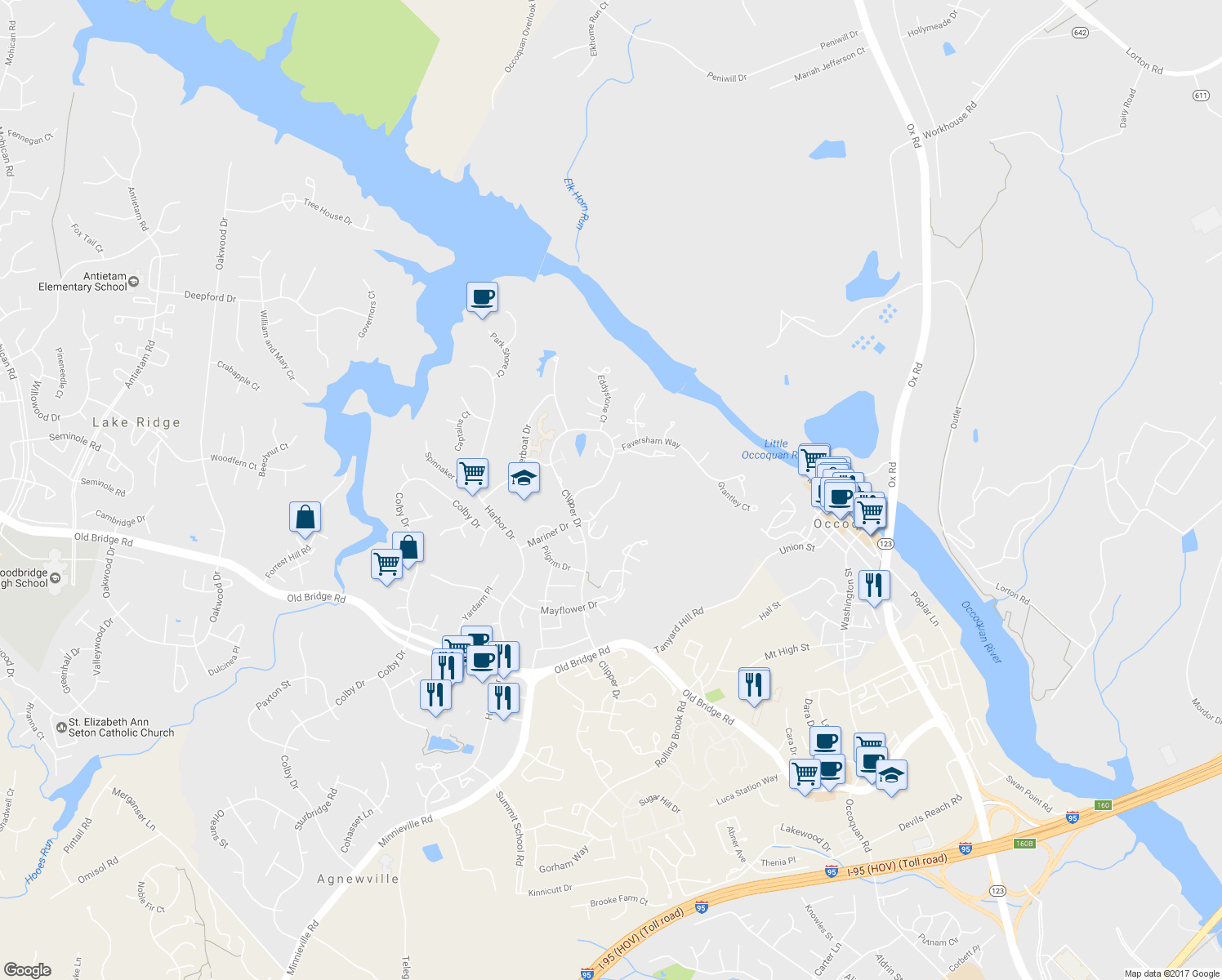 map of restaurants, bars, coffee shops, grocery stores, and more near 1926 Mariner Drive in Woodbridge