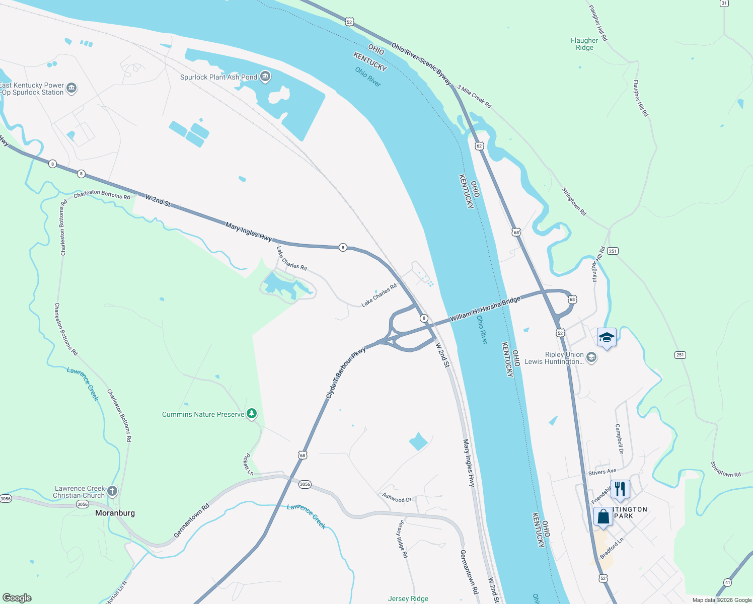 map of restaurants, bars, coffee shops, grocery stores, and more near 208 Lake Charles Road in Maysville