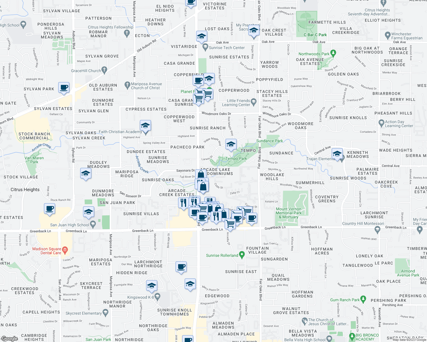 map of restaurants, bars, coffee shops, grocery stores, and more near 7977 Arcade Lake Lane in Citrus Heights