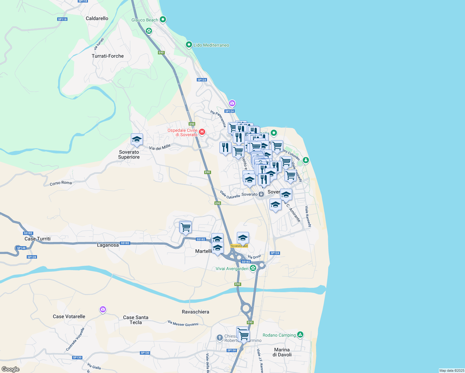 map of restaurants, bars, coffee shops, grocery stores, and more near 17 Via delle Rose in Soverato