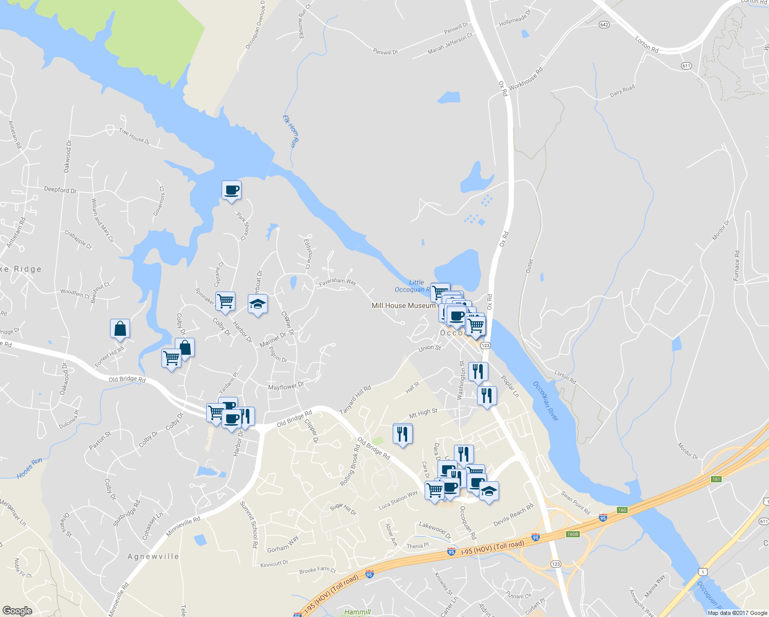 map of restaurants, bars, coffee shops, grocery stores, and more near 1775 Faversham Way in Woodbridge