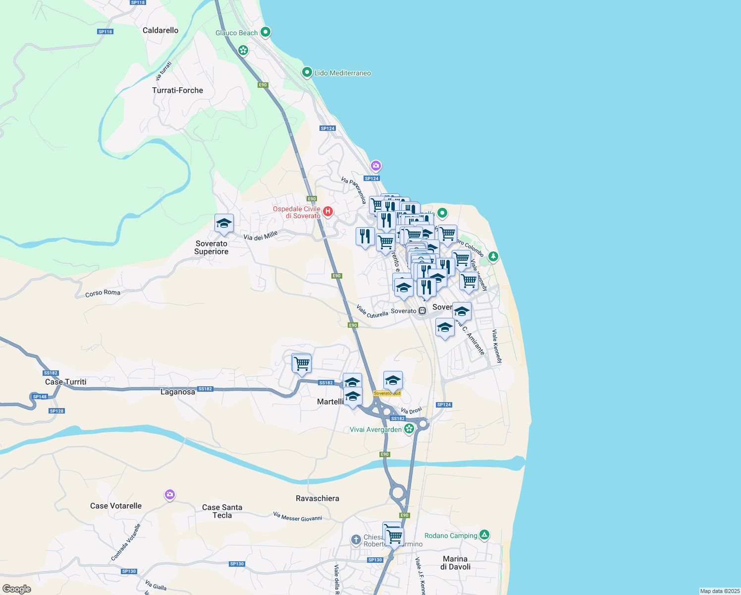 map of restaurants, bars, coffee shops, grocery stores, and more near 17 Via delle Rose in Soverato Marina