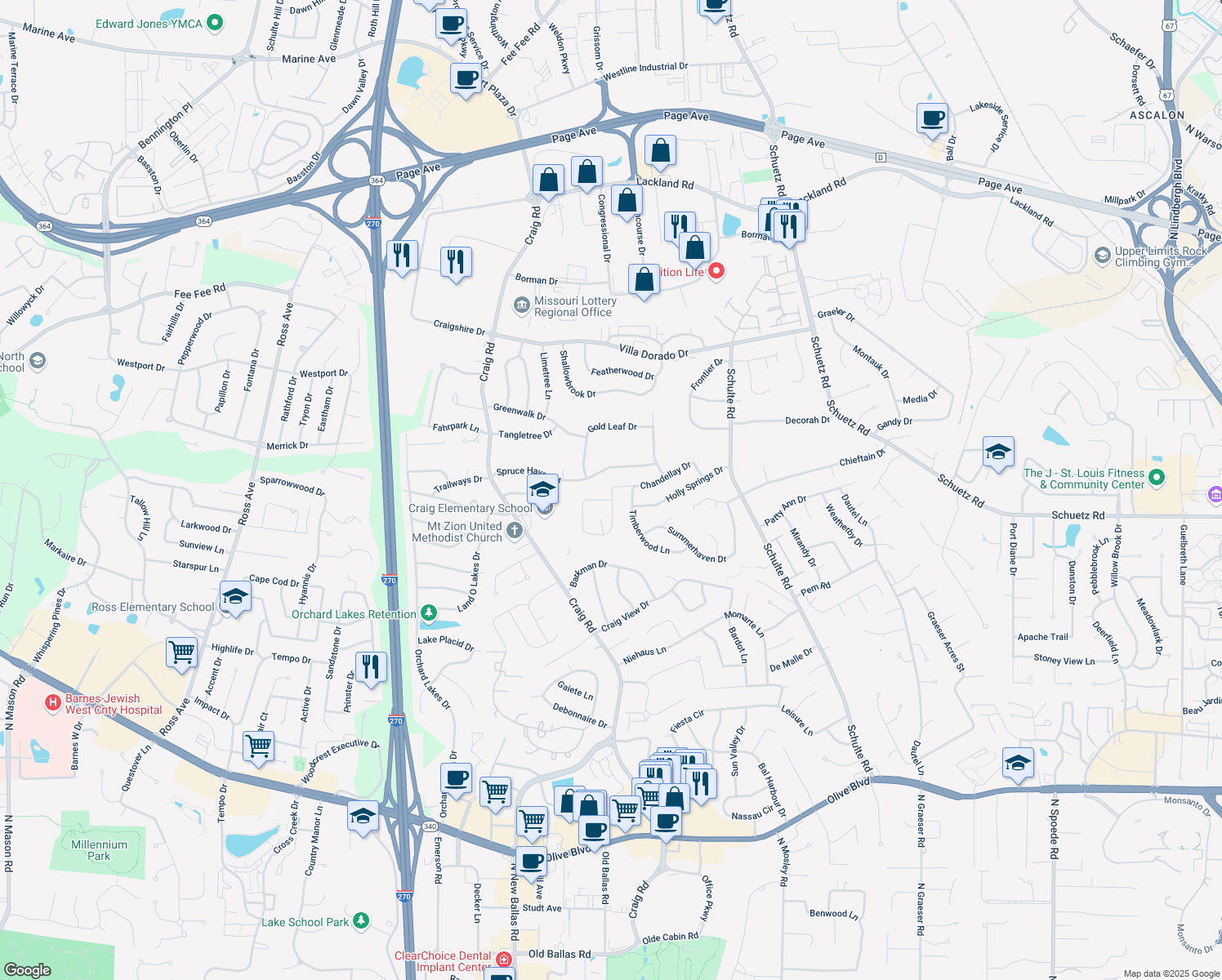 map of restaurants, bars, coffee shops, grocery stores, and more near 1480 Chandellay Drive in Saint Louis