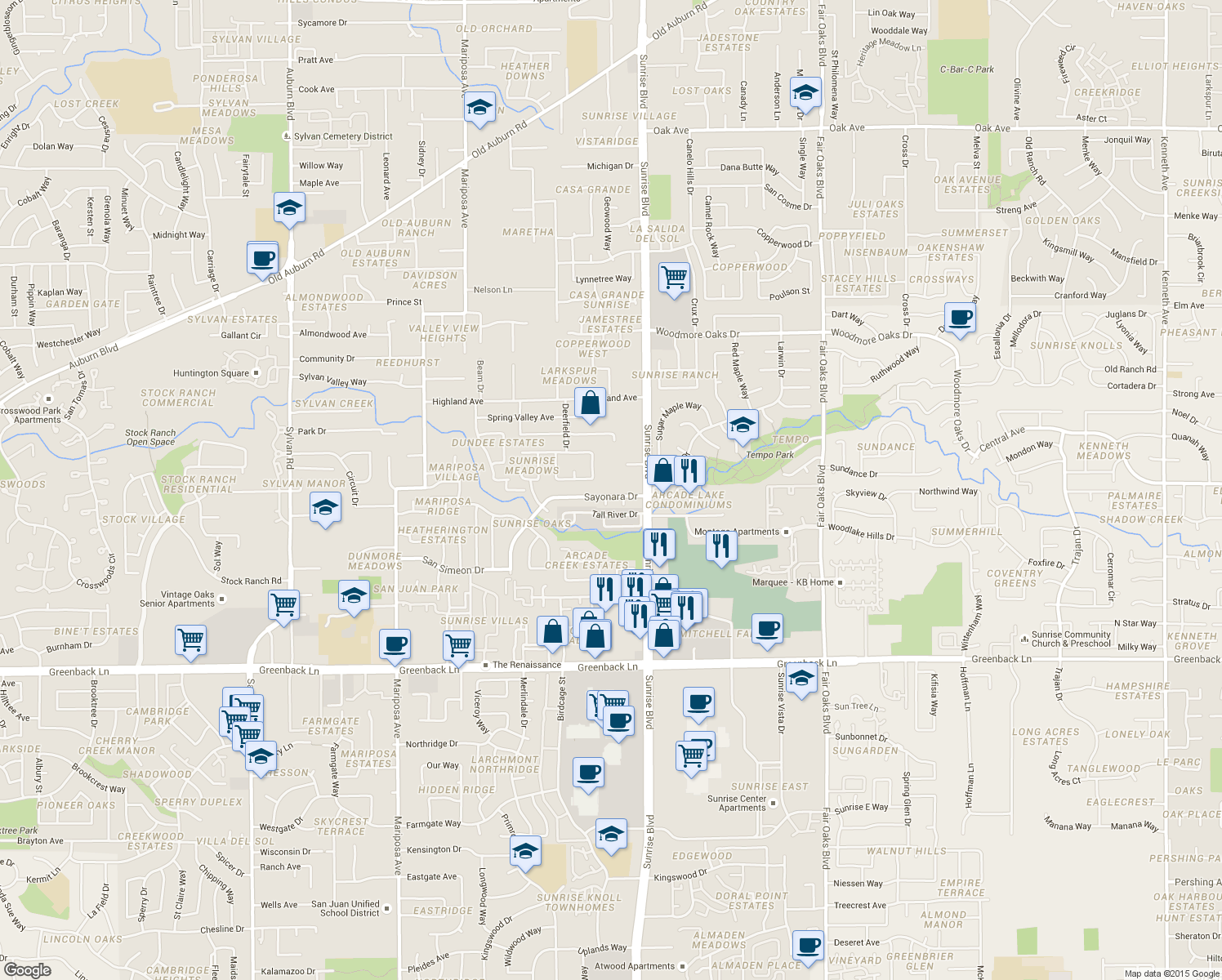map of restaurants, bars, coffee shops, grocery stores, and more near 7849 Sayonara Drive in Citrus Heights