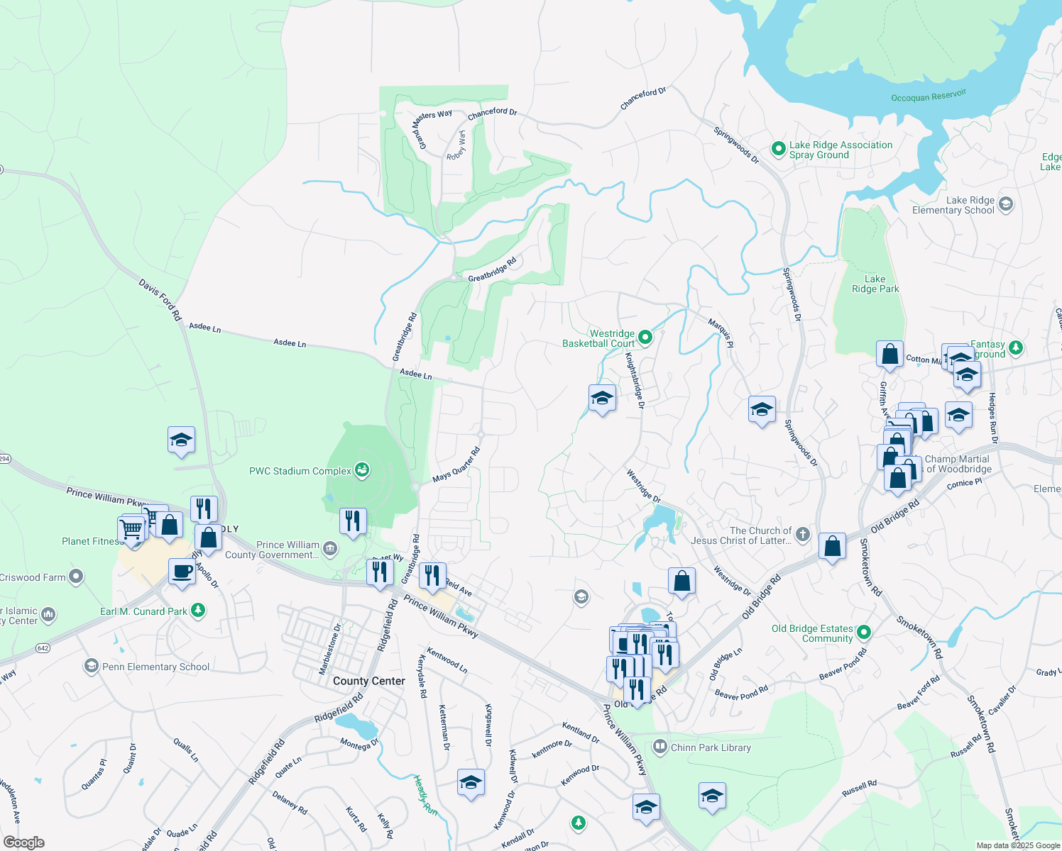 map of restaurants, bars, coffee shops, grocery stores, and more near 12320 Tideswell Mill Court in Woodbridge