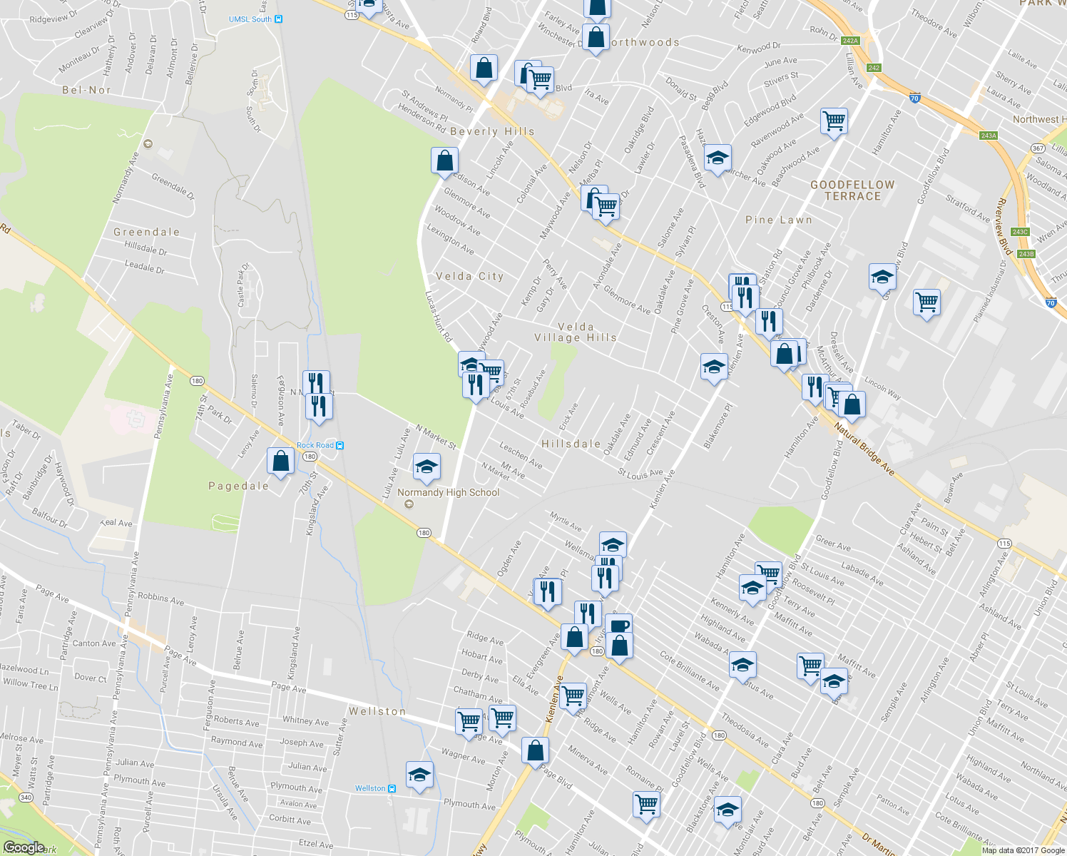 map of restaurants, bars, coffee shops, grocery stores, and more near 6508 Saint Louis Avenue in St. Louis