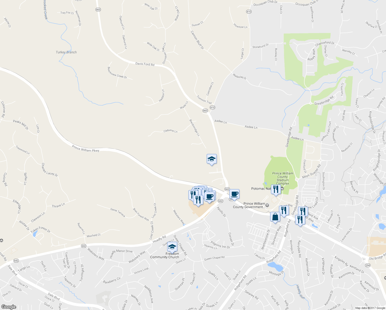 map of restaurants, bars, coffee shops, grocery stores, and more near 5033 Davis Ford Rd in Woodbridge