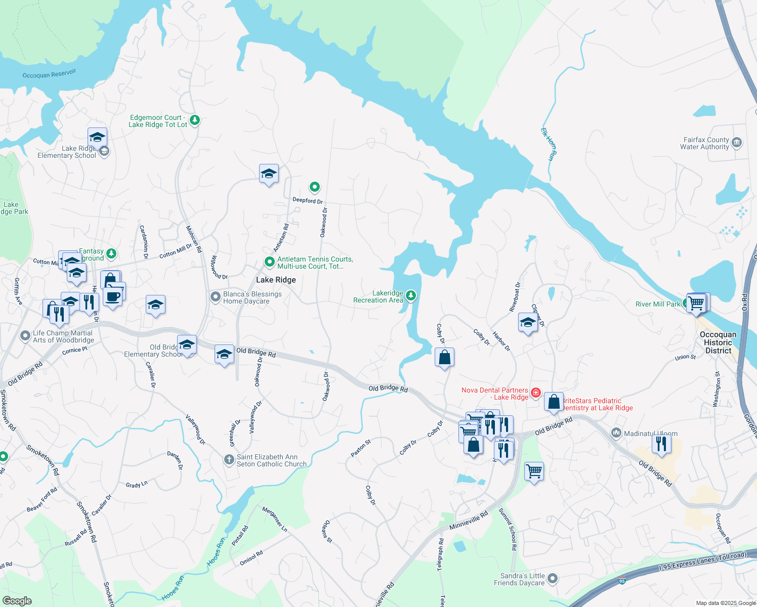 map of restaurants, bars, coffee shops, grocery stores, and more near 2604 Woodfern Court in Woodbridge