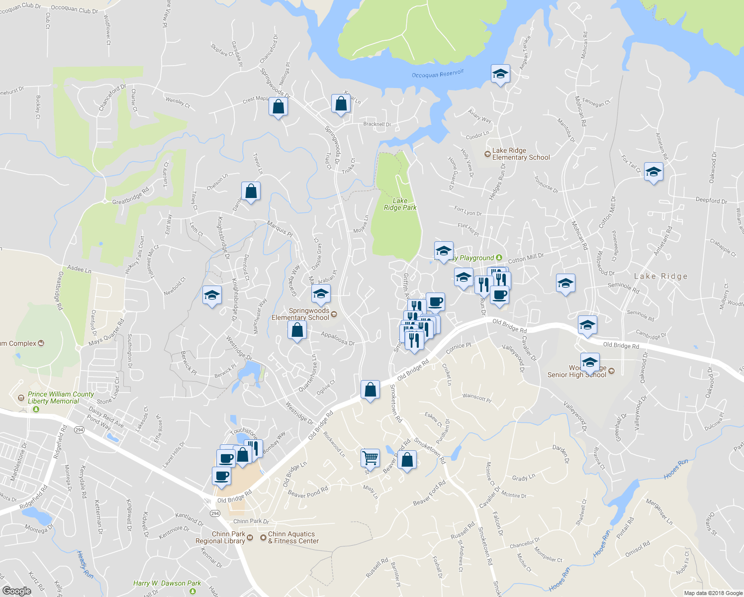 map of restaurants, bars, coffee shops, grocery stores, and more near 12213 Stevenson Court in Woodbridge