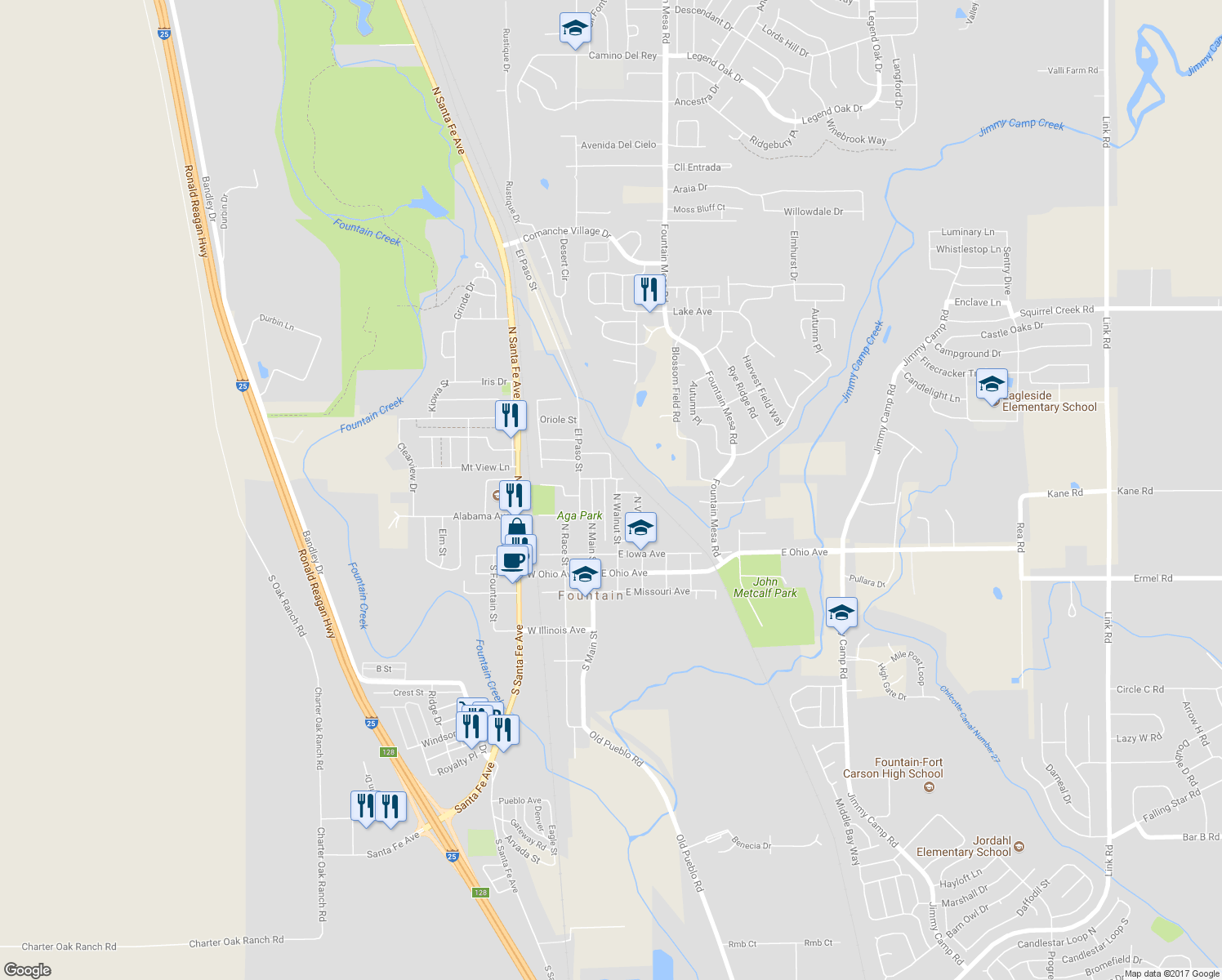 map of restaurants, bars, coffee shops, grocery stores, and more near 431 North Walnut Street in Fountain