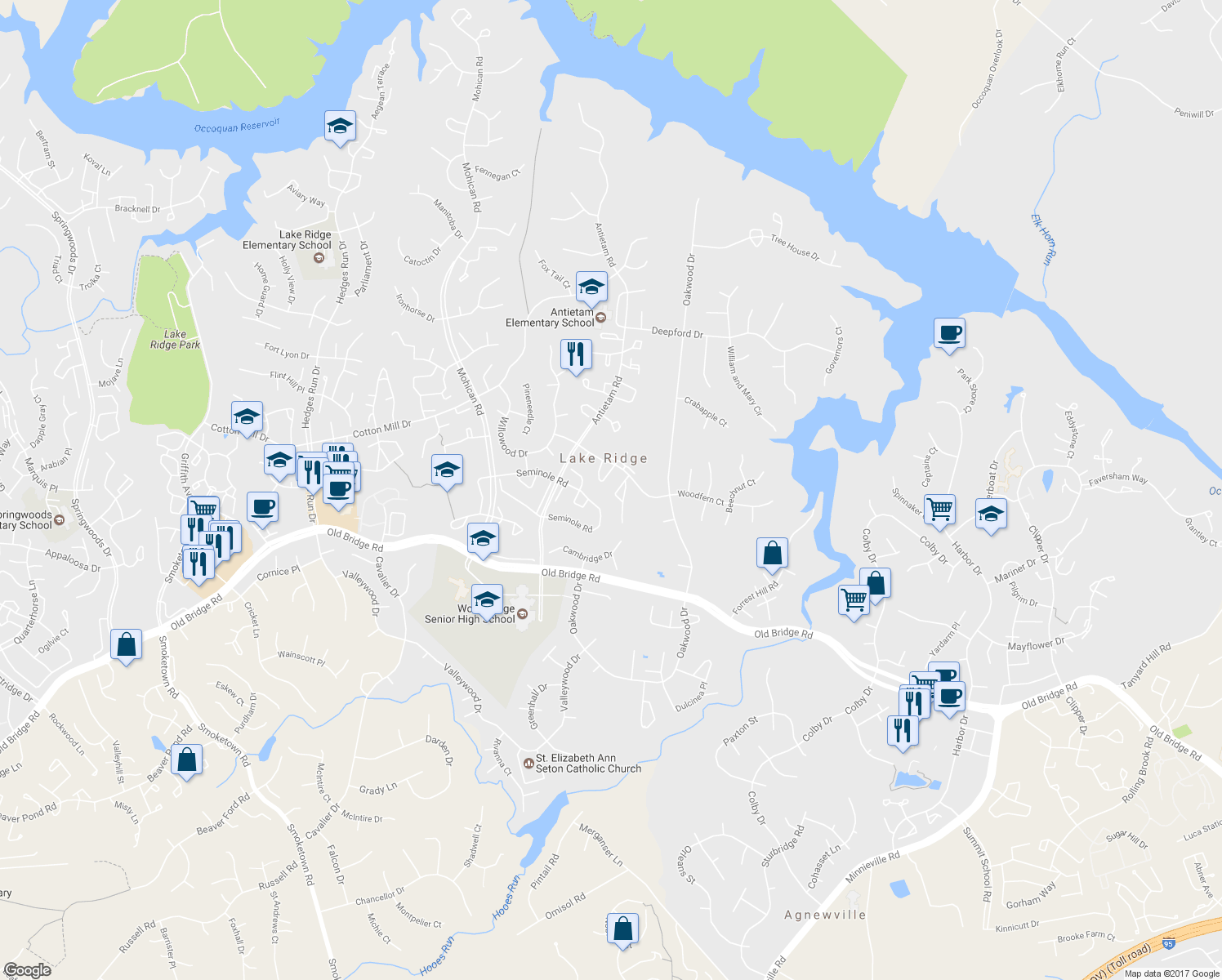 map of restaurants, bars, coffee shops, grocery stores, and more near 12320 Woodlawn Court in Woodbridge