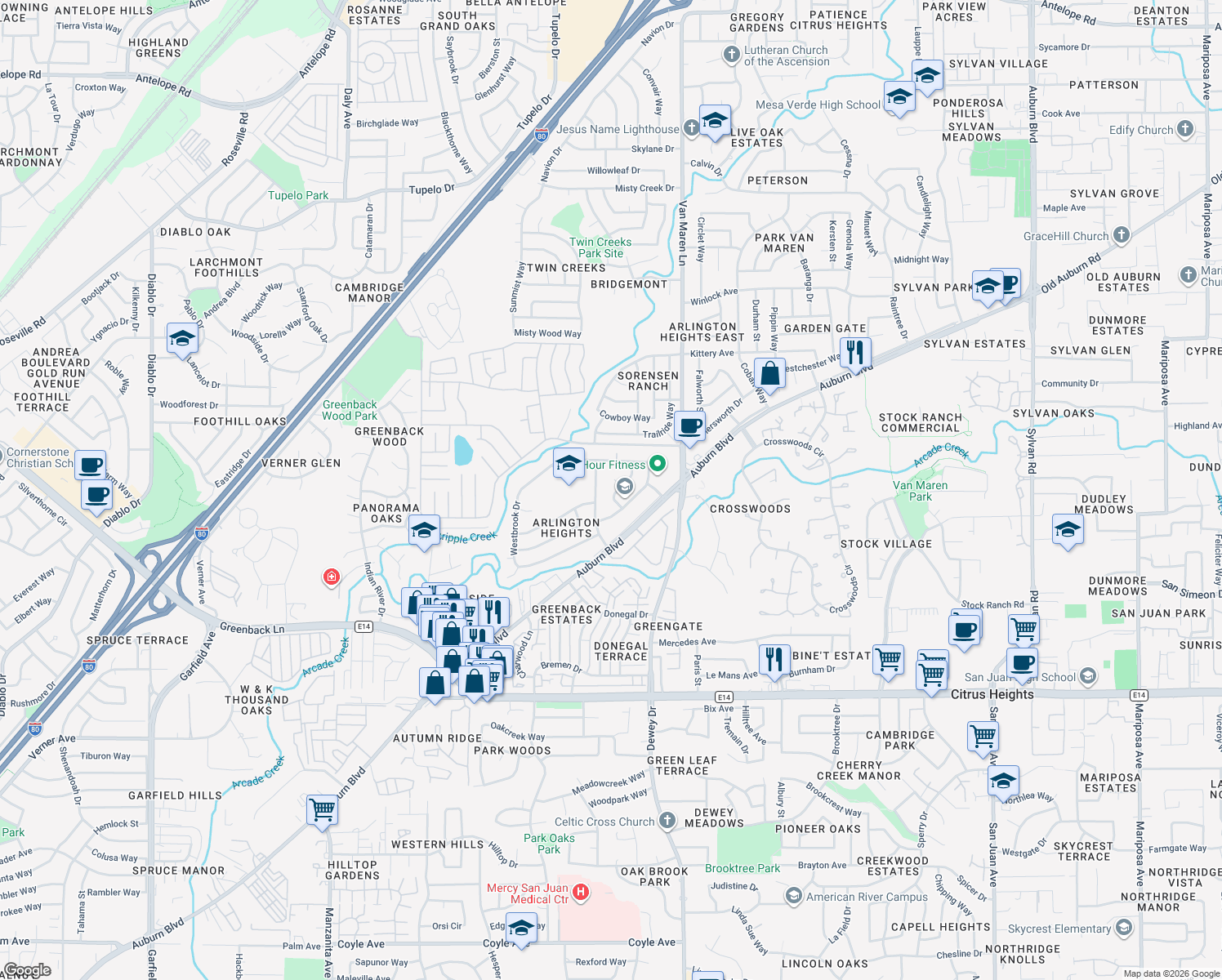 map of restaurants, bars, coffee shops, grocery stores, and more near 6617 Wellsboro Way in Citrus Heights