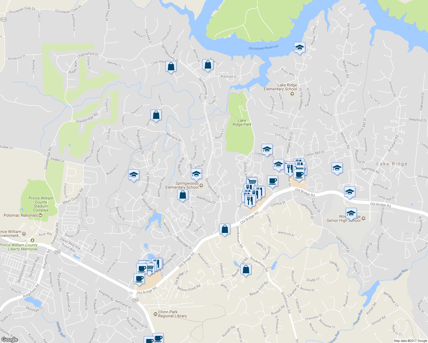 map of restaurants, bars, coffee shops, grocery stores, and more near 12325 Wadsworth Way in Woodbridge