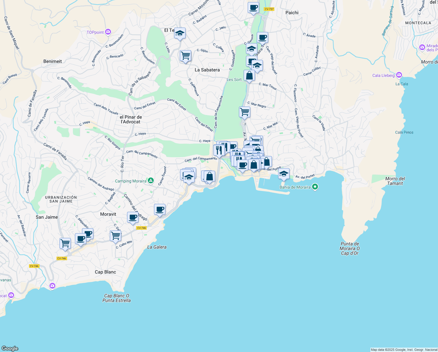 map of restaurants, bars, coffee shops, grocery stores, and more near 59 Carretera Moraira a Calpe in Teulada