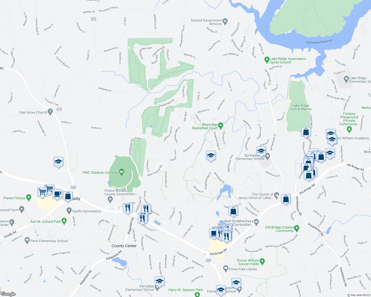map of restaurants, bars, coffee shops, grocery stores, and more near 4306 Newbold Court in Woodbridge