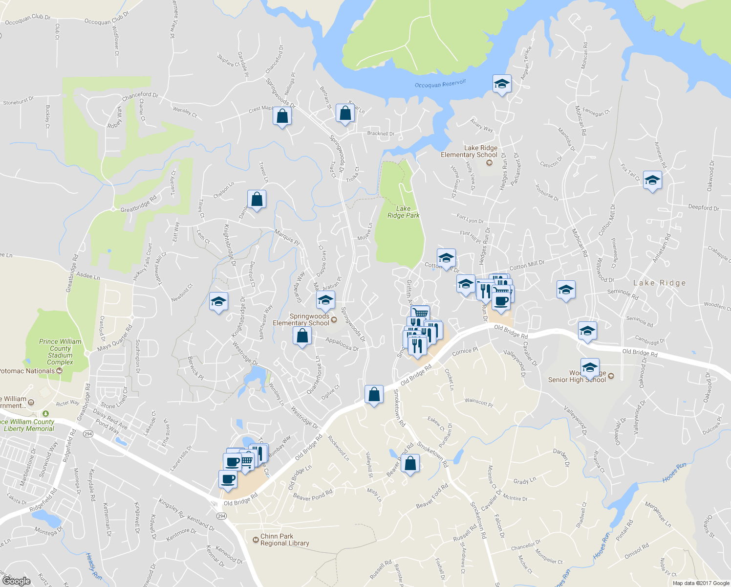 map of restaurants, bars, coffee shops, grocery stores, and more near 12119 Chaucer Lane in Woodbridge