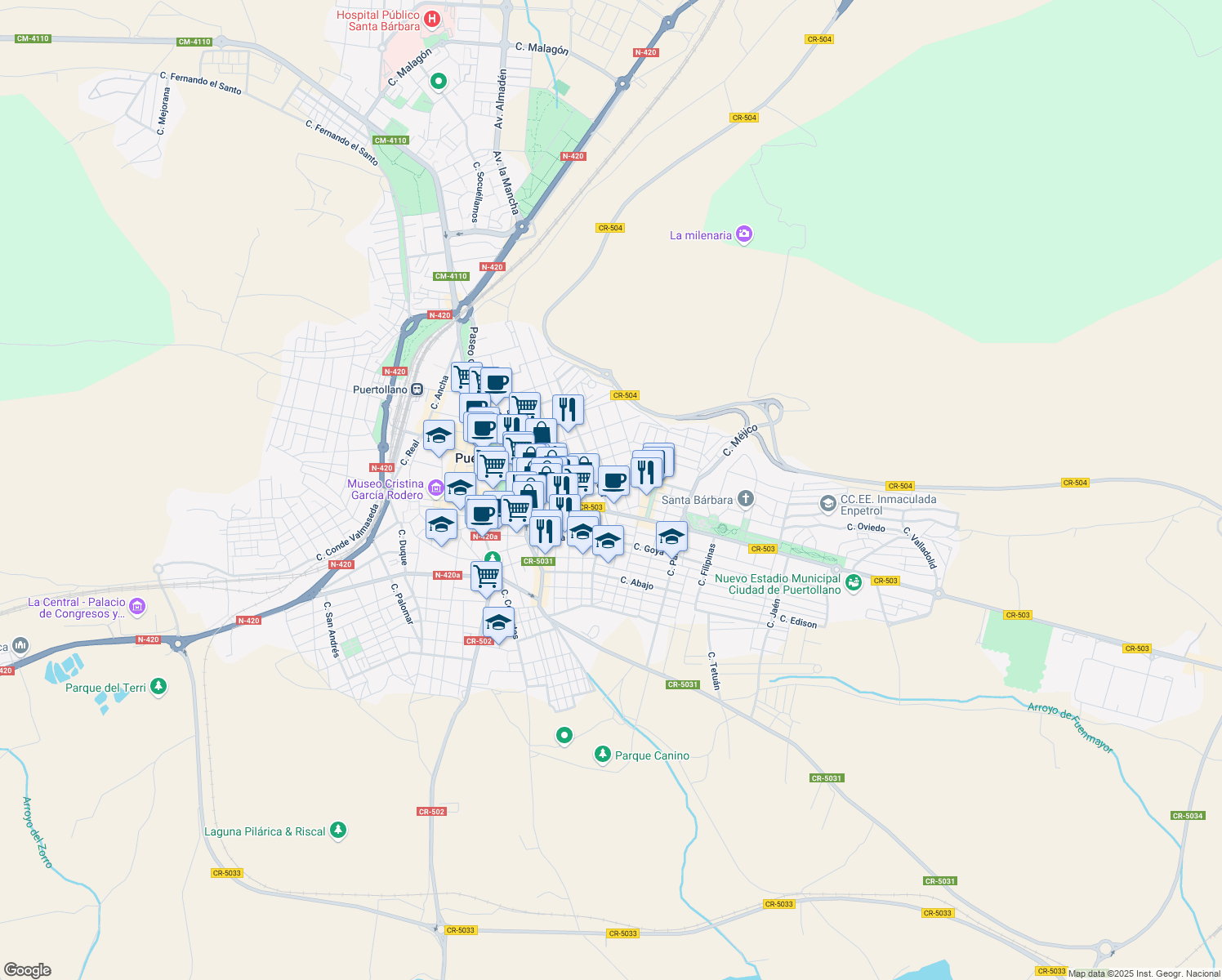map of restaurants, bars, coffee shops, grocery stores, and more near 16 Calle Albacete in Puertollano