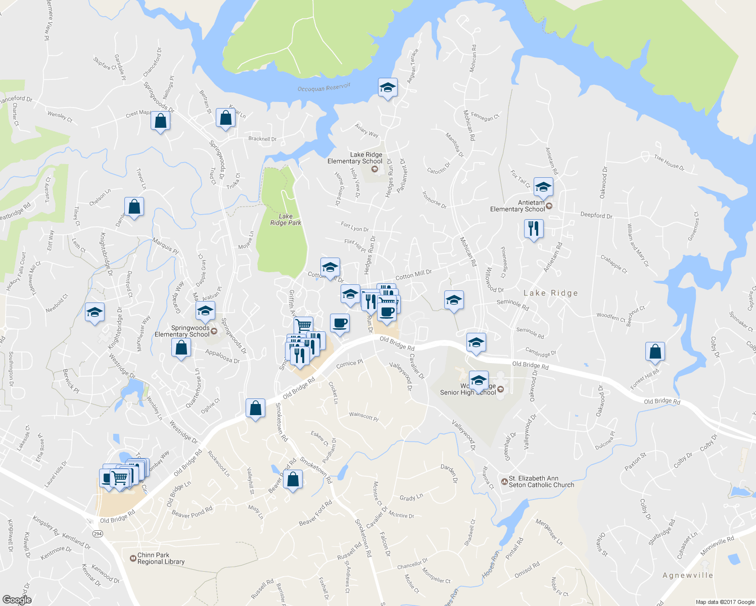map of restaurants, bars, coffee shops, grocery stores, and more near 12234 Nutmeg Court in Woodbridge