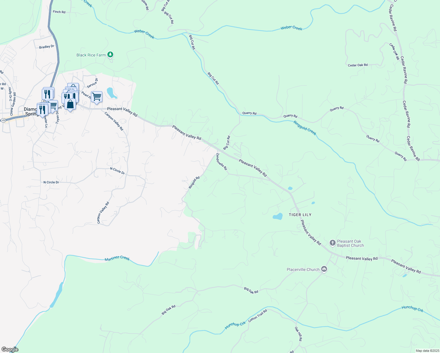 map of restaurants, bars, coffee shops, grocery stores, and more near 4620 Live Oak Road in Diamond Springs