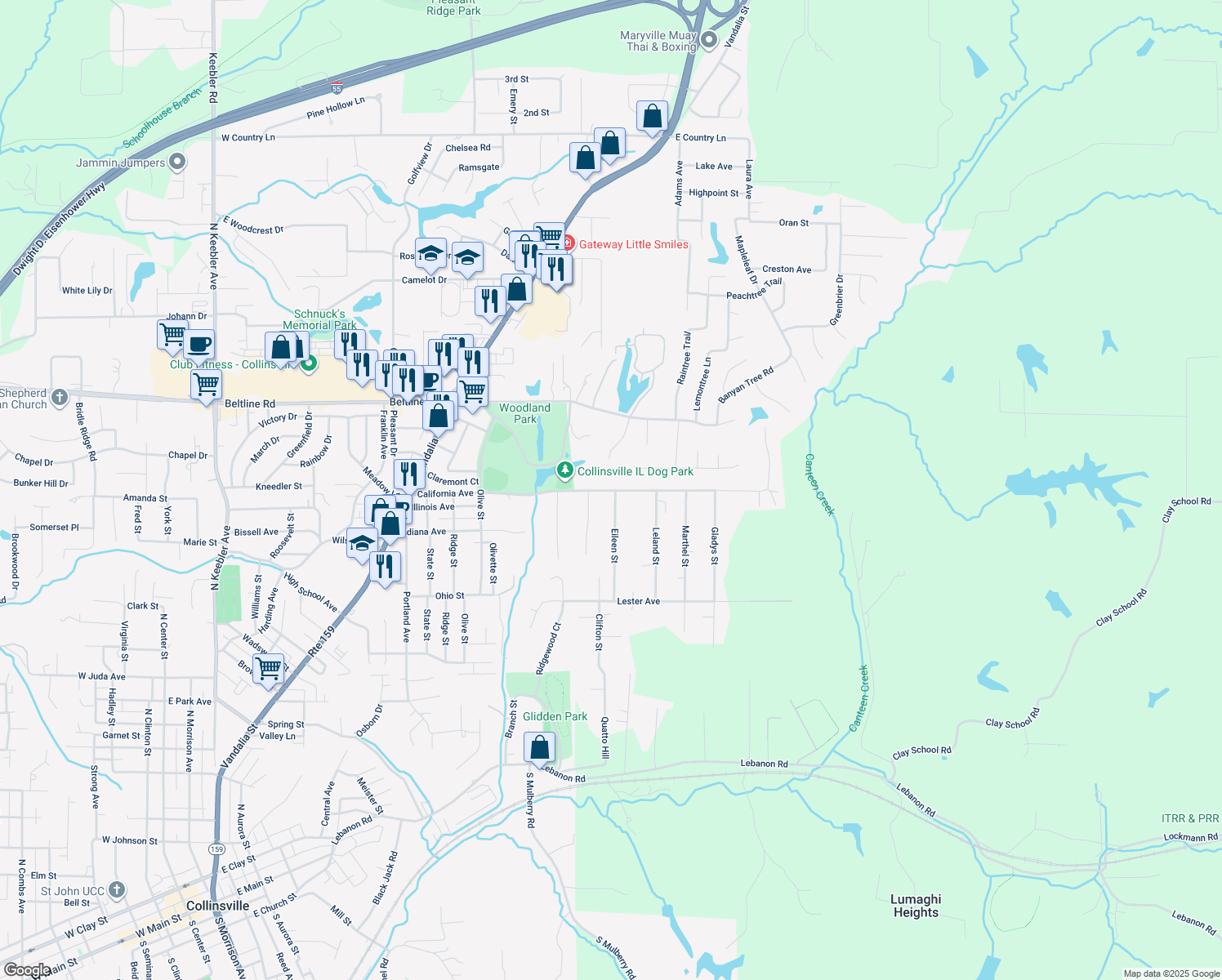 map of restaurants, bars, coffee shops, grocery stores, and more near 1031 California Avenue in Collinsville