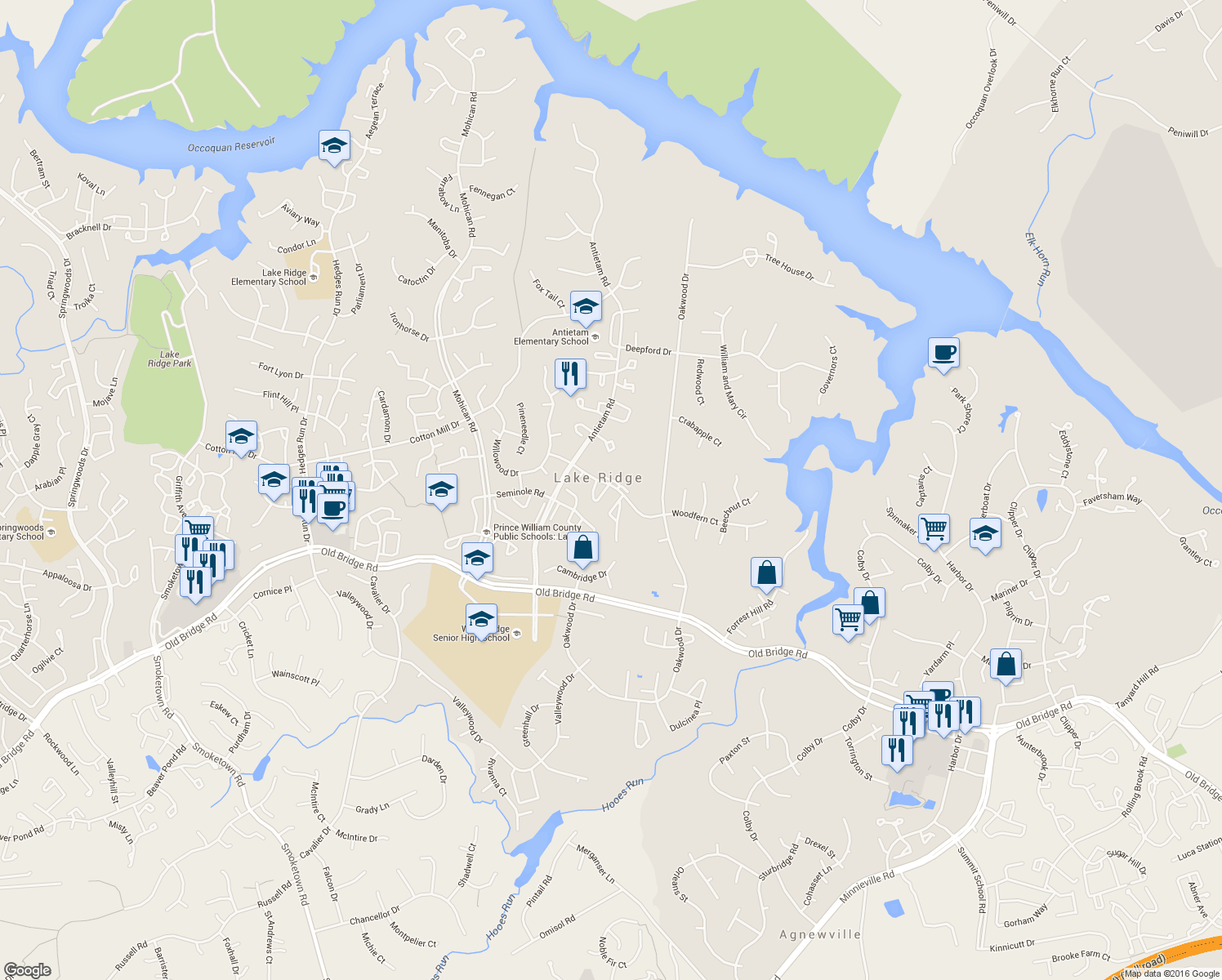 map of restaurants, bars, coffee shops, grocery stores, and more near 2901 Lexington Ct in Woodbridge