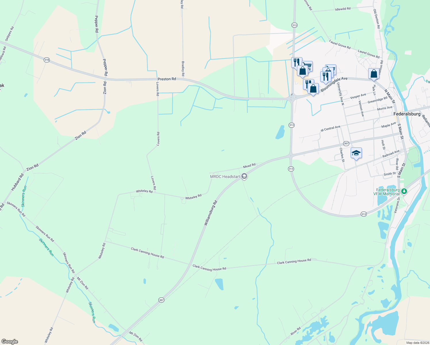 map of restaurants, bars, coffee shops, grocery stores, and more near 7058 Whiteley Road in Federalsburg