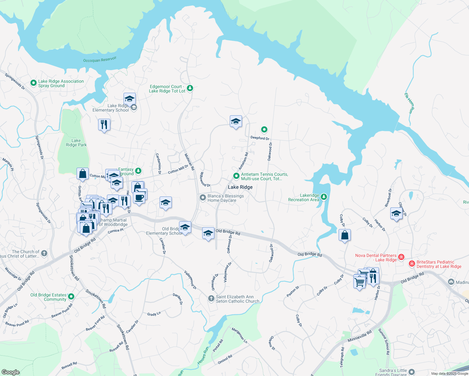 map of restaurants, bars, coffee shops, grocery stores, and more near 12285 Marlboro Court in Woodbridge
