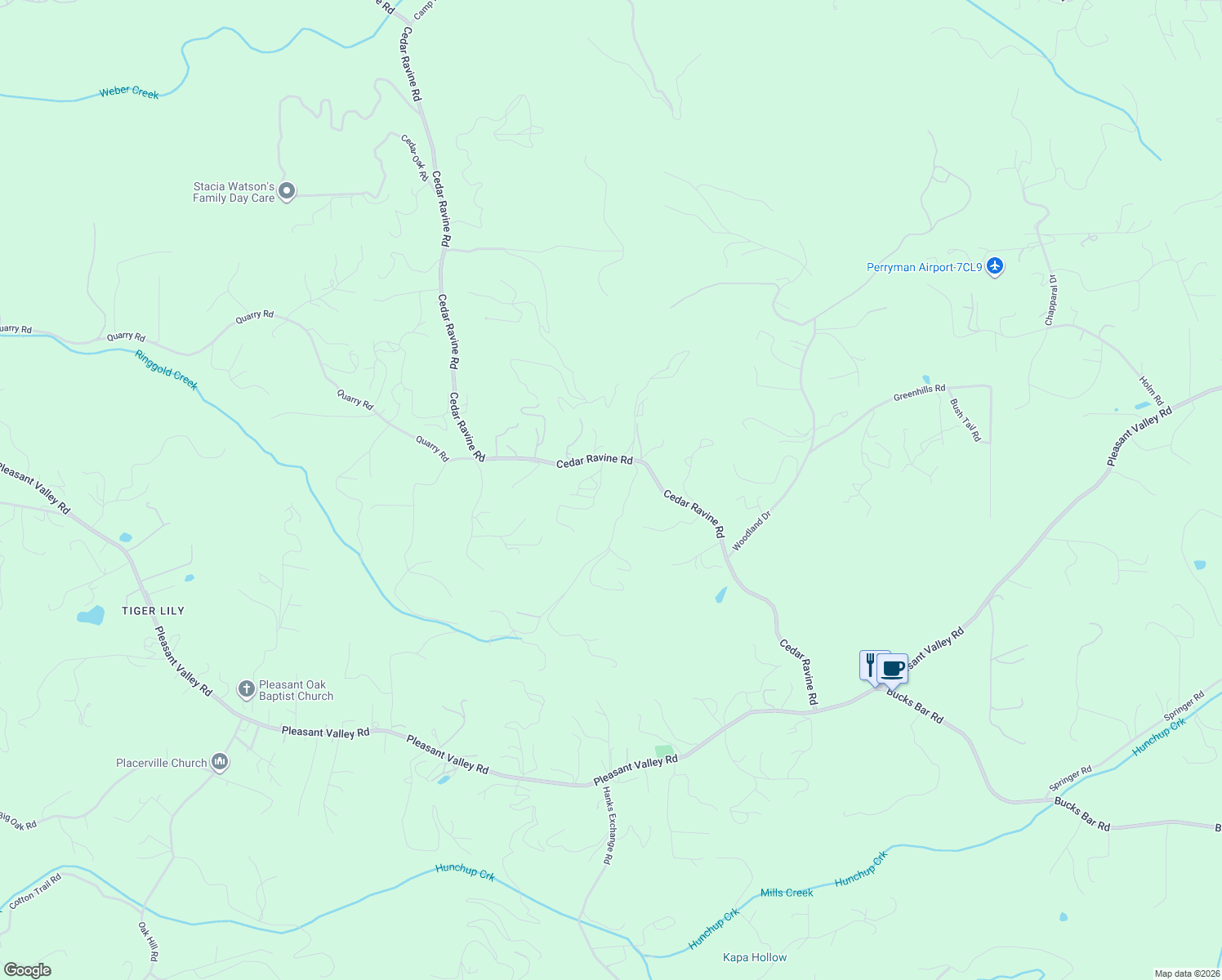 map of restaurants, bars, coffee shops, grocery stores, and more near 4926 Cedar Ravine Road in Placerville