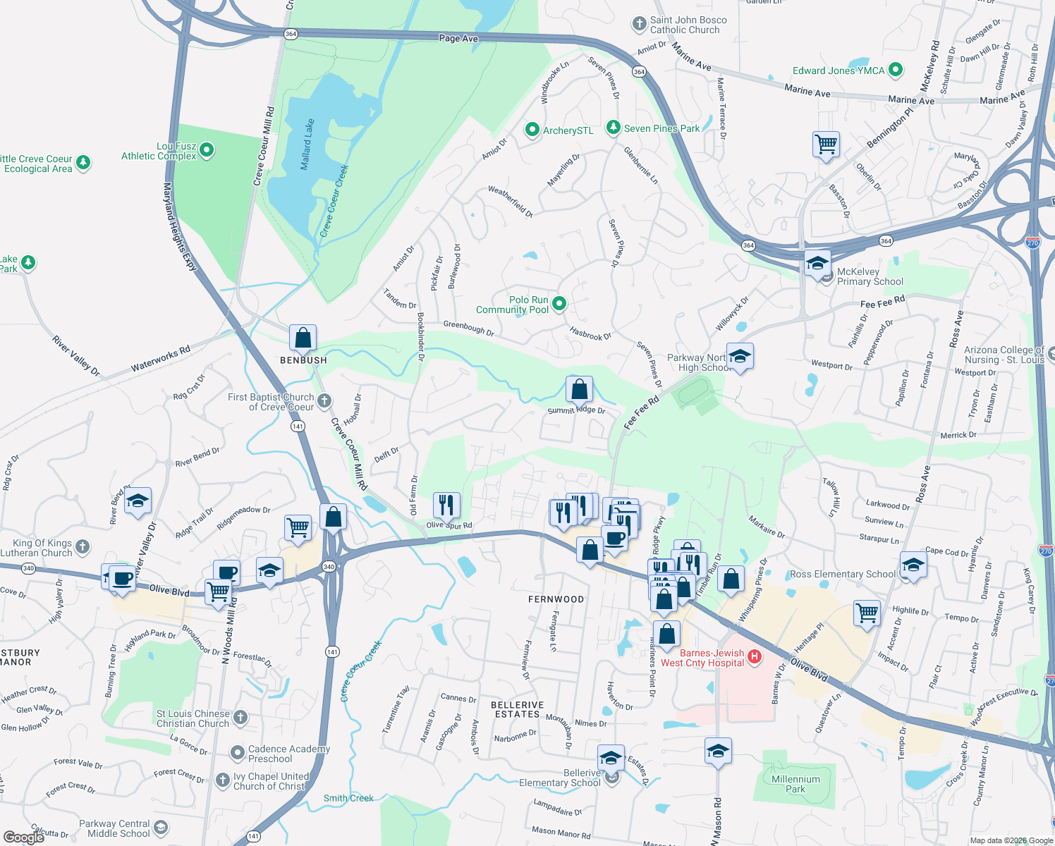 map of restaurants, bars, coffee shops, grocery stores, and more near 12978 Musket Ct in St Louis