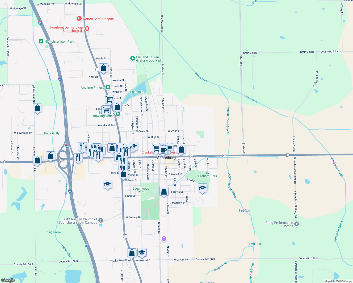 map of restaurants, bars, coffee shops, grocery stores, and more near 238 North 2nd Street in Scottsburg