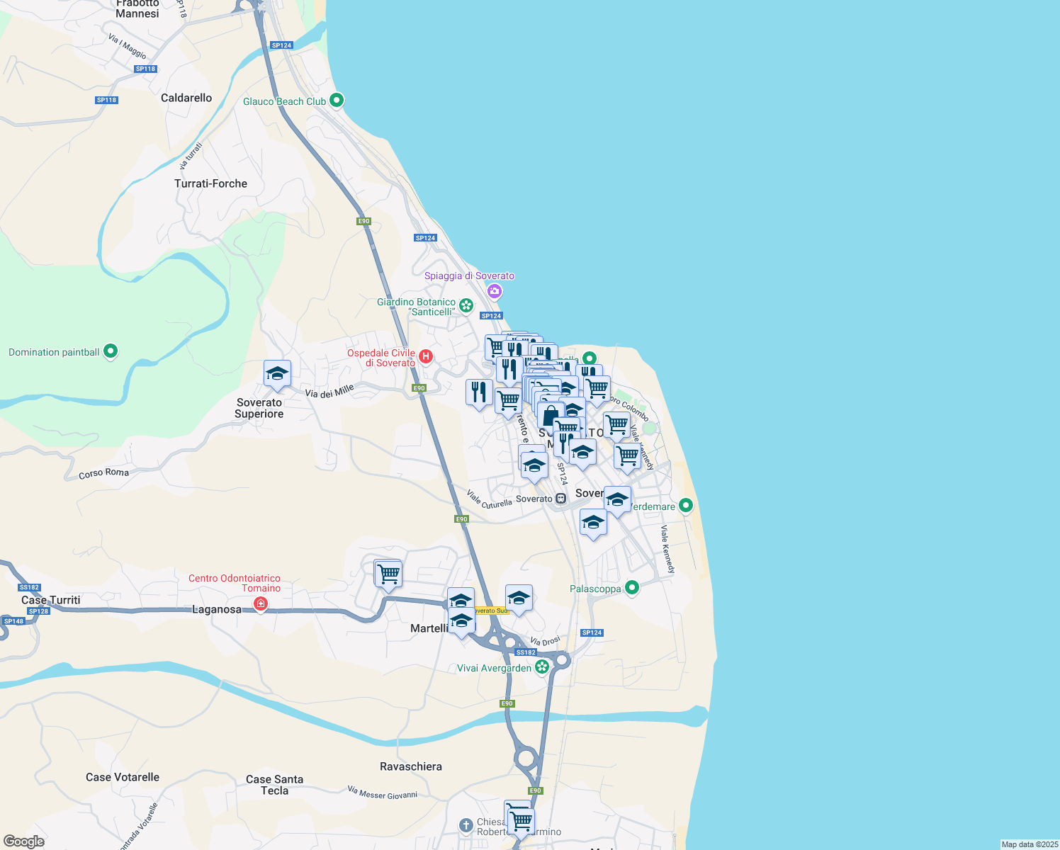map of restaurants, bars, coffee shops, grocery stores, and more near 22 Via Giordano Bruno in Soverato Marina