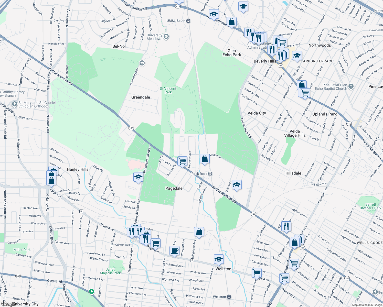 map of restaurants, bars, coffee shops, grocery stores, and more near 1800 Ferguson Avenue in Saint Louis