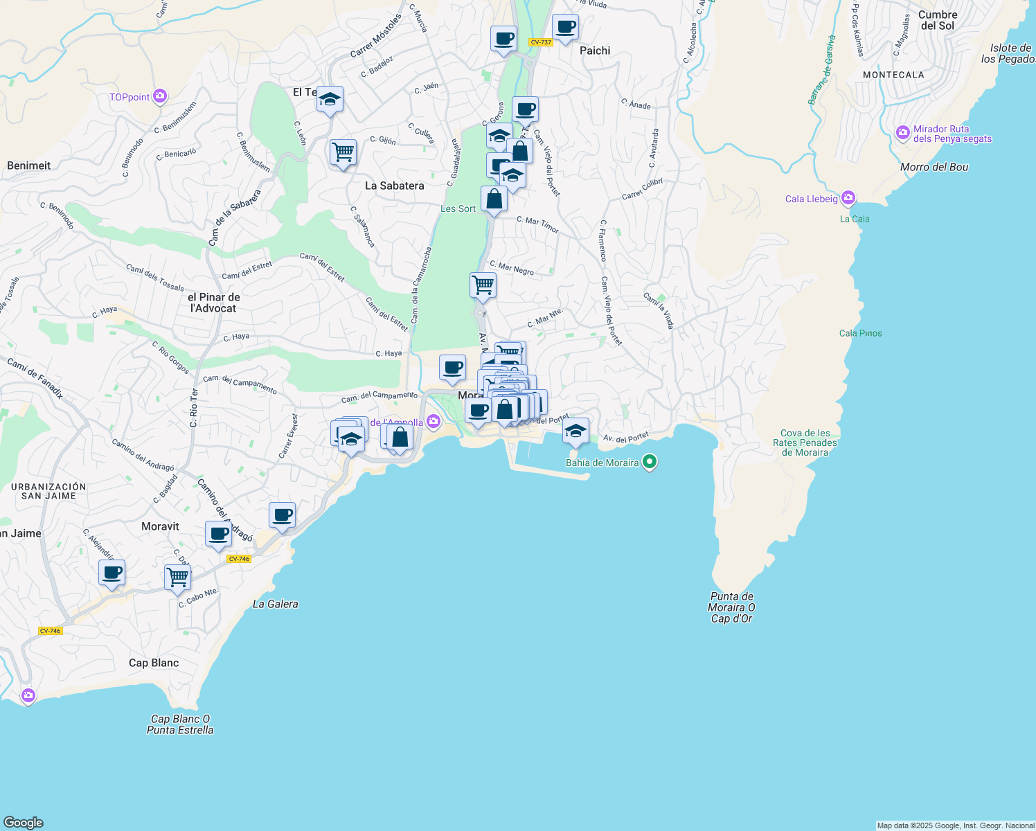 map of restaurants, bars, coffee shops, grocery stores, and more near 26 Calle del Doctor Calatayud in Moraira
