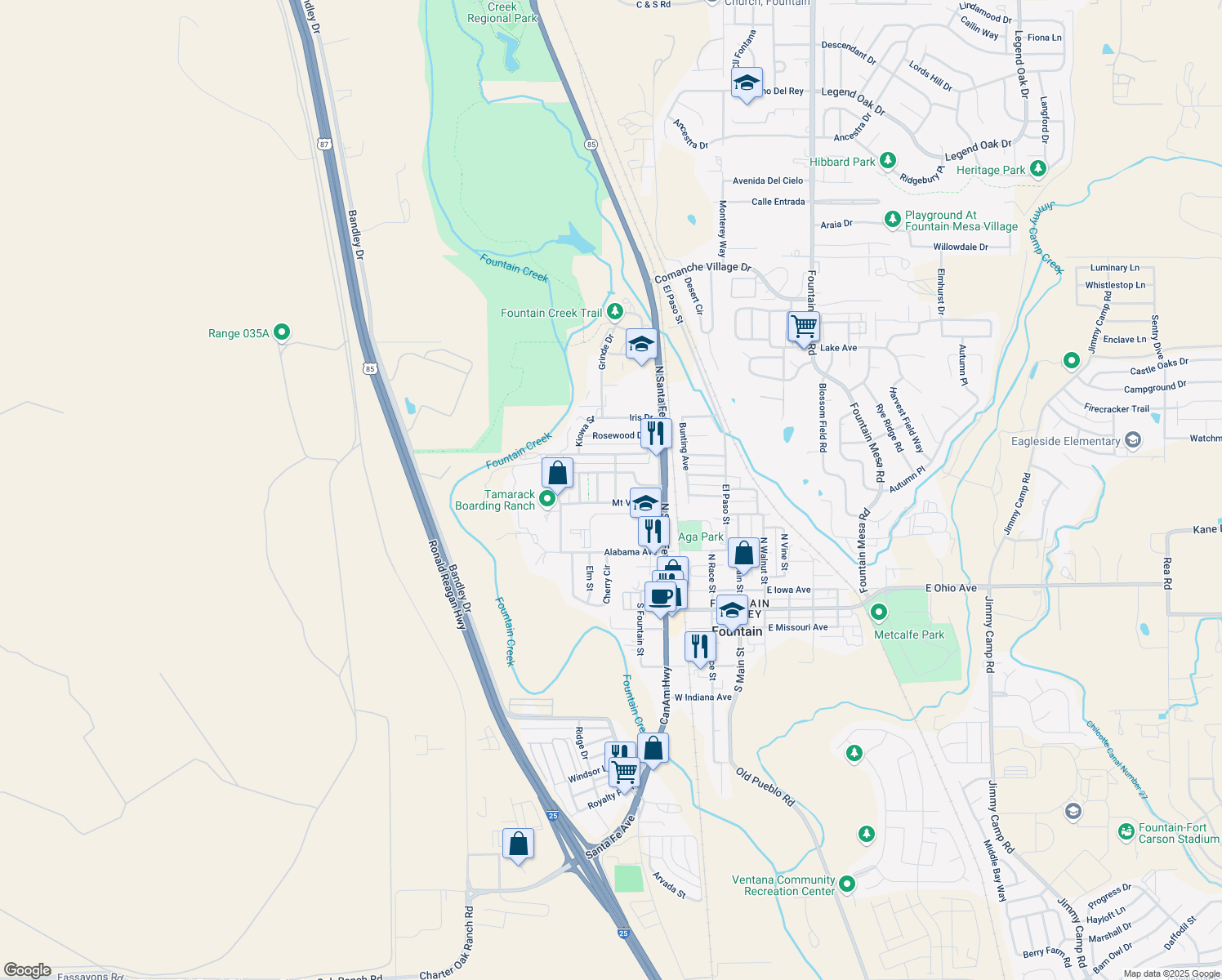 map of restaurants, bars, coffee shops, grocery stores, and more near 609 Buena Ventura Street in Fountain