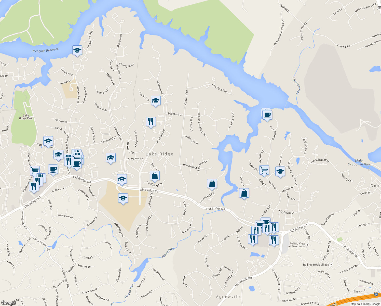 map of restaurants, bars, coffee shops, grocery stores, and more near 12302 Mulberry Court in Woodbridge