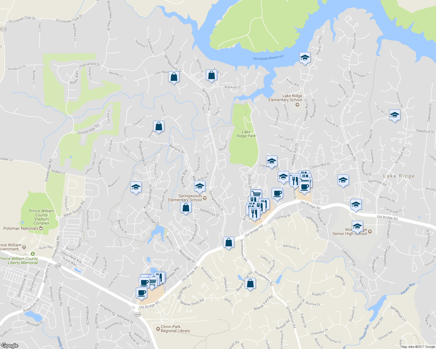 map of restaurants, bars, coffee shops, grocery stores, and more near 12247 Wadsworth Way in Woodbridge