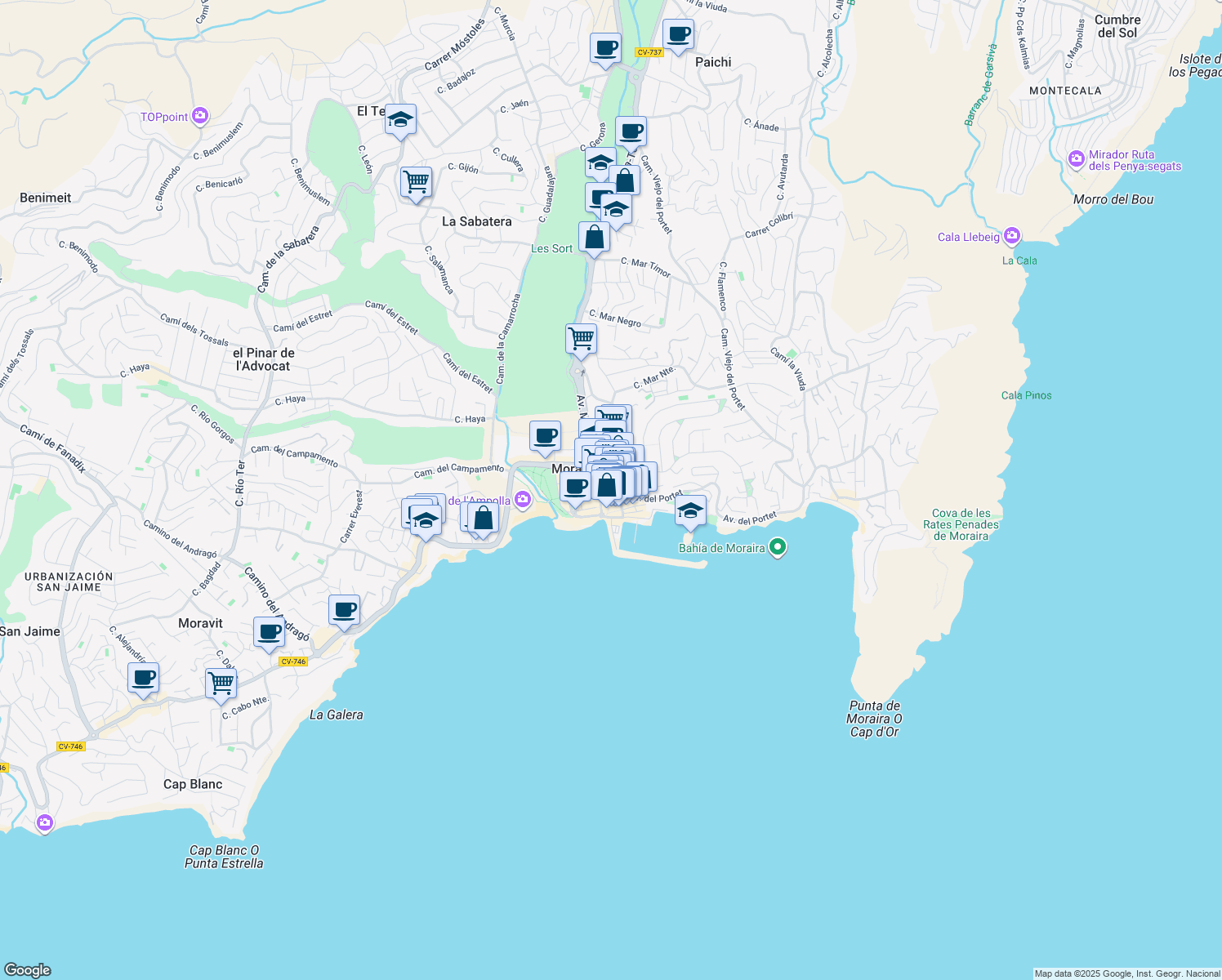 map of restaurants, bars, coffee shops, grocery stores, and more near 26 Calle del Doctor Calatayud in Moraira