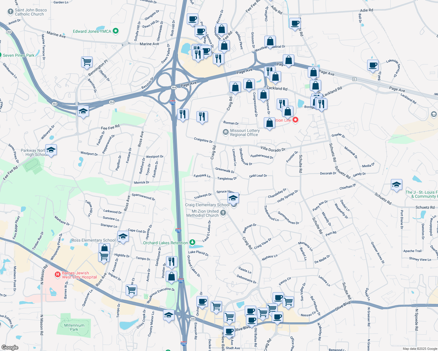 map of restaurants, bars, coffee shops, grocery stores, and more near 12087 Tangletree Dr in St Louis