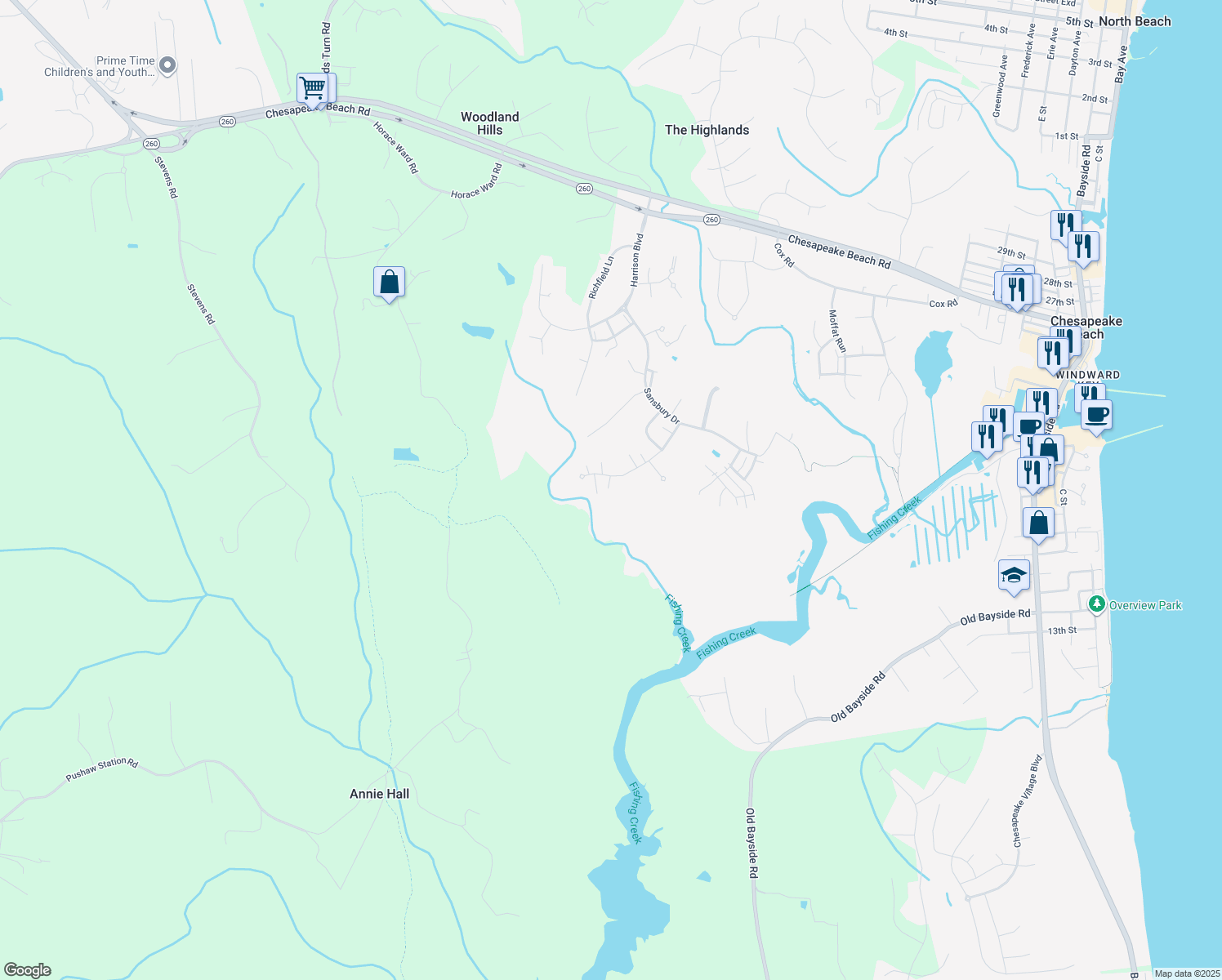 map of restaurants, bars, coffee shops, grocery stores, and more near 7887 Eagle View Drive in Chesapeake Beach