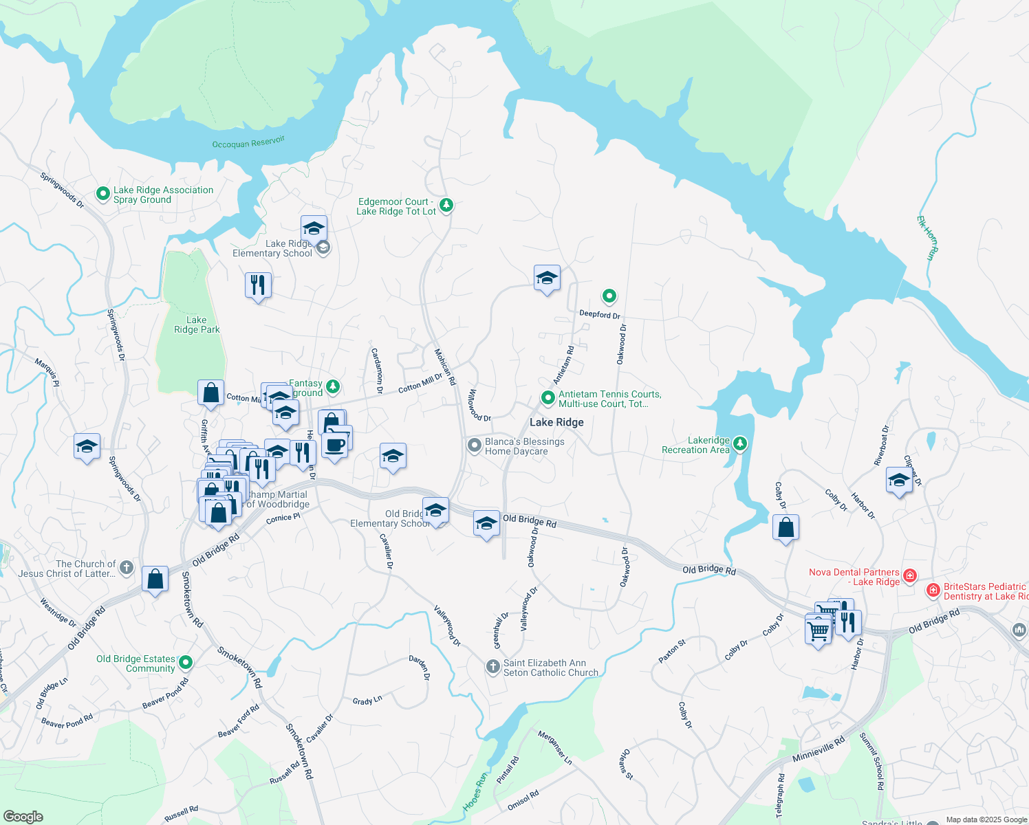 map of restaurants, bars, coffee shops, grocery stores, and more near 2910 Woodburn Ct in Woodbridge