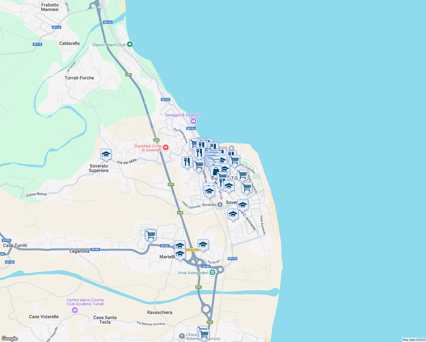 map of restaurants, bars, coffee shops, grocery stores, and more near 22 Via G. Bruno in Soverato