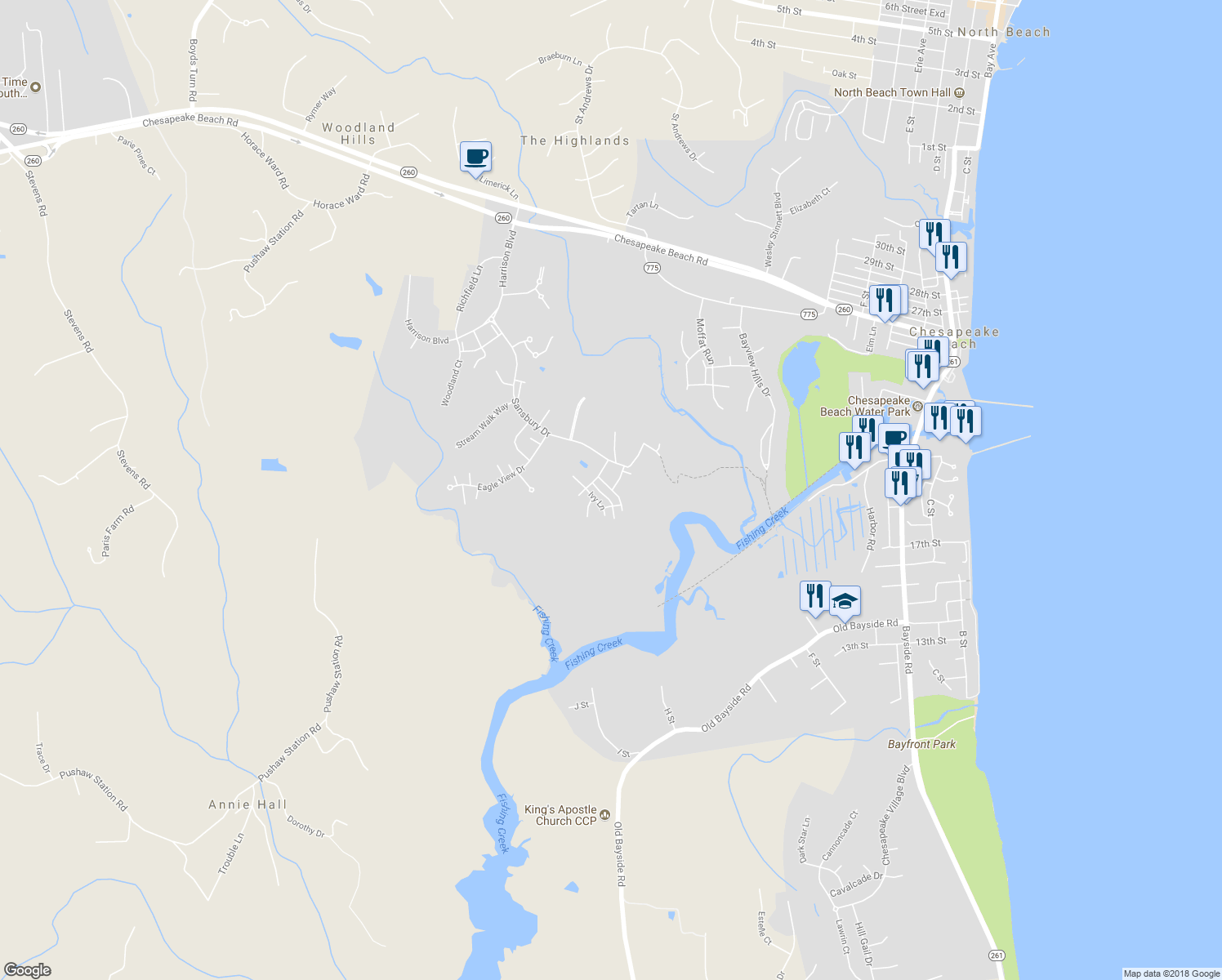map of restaurants, bars, coffee shops, grocery stores, and more near 8005 Forest Ridge Terrace in Chesapeake Beach