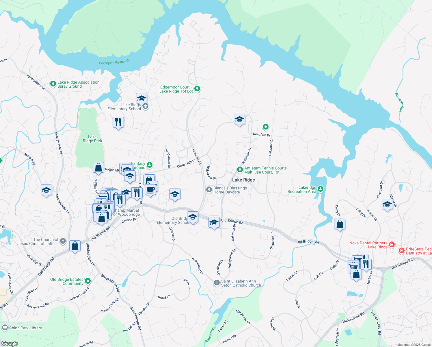 map of restaurants, bars, coffee shops, grocery stores, and more near 12163 Pineneedle Court in Woodbridge