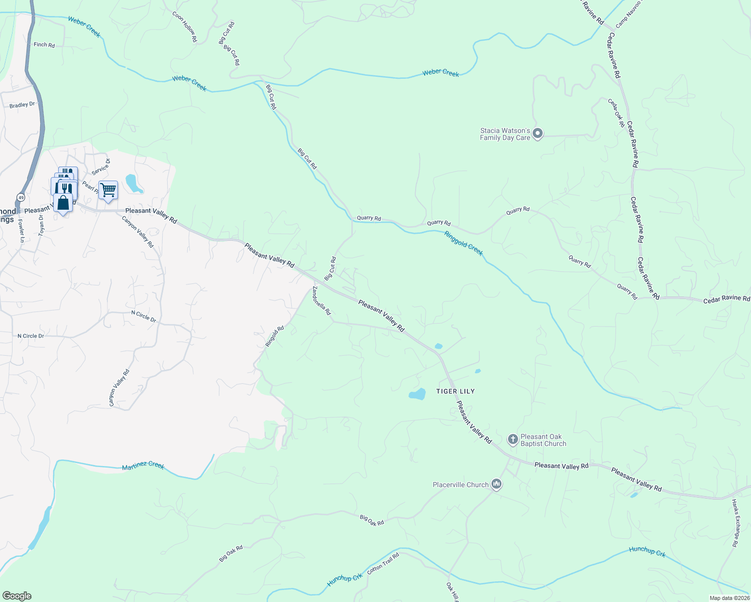 map of restaurants, bars, coffee shops, grocery stores, and more near 1321 Pleasant Valley Road in Diamond Springs