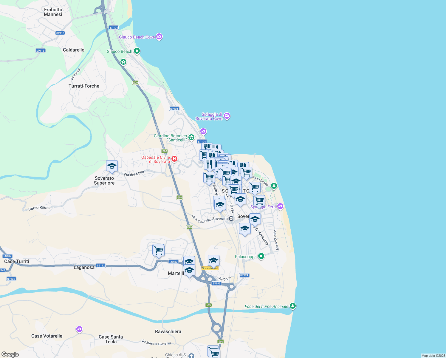 map of restaurants, bars, coffee shops, grocery stores, and more near 10 Via San Maria in Soverato