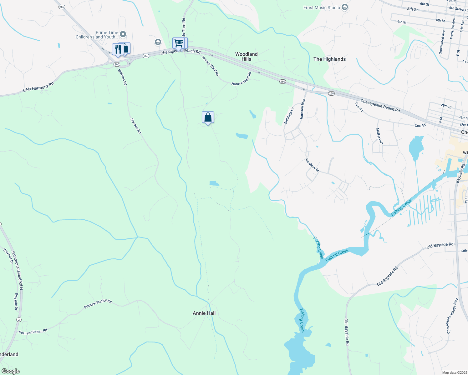 map of restaurants, bars, coffee shops, grocery stores, and more near 8196 Pushaw Station Road in Owings