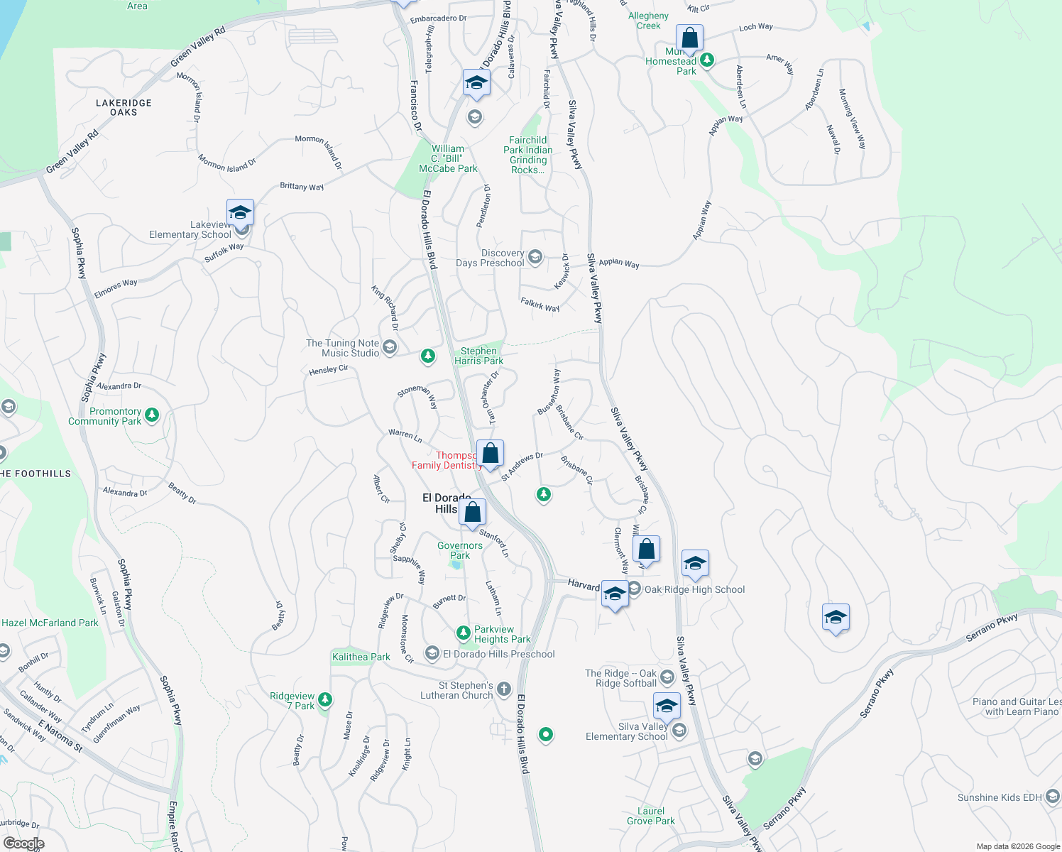 map of restaurants, bars, coffee shops, grocery stores, and more near 2870 Springburn Way in El Dorado Hills