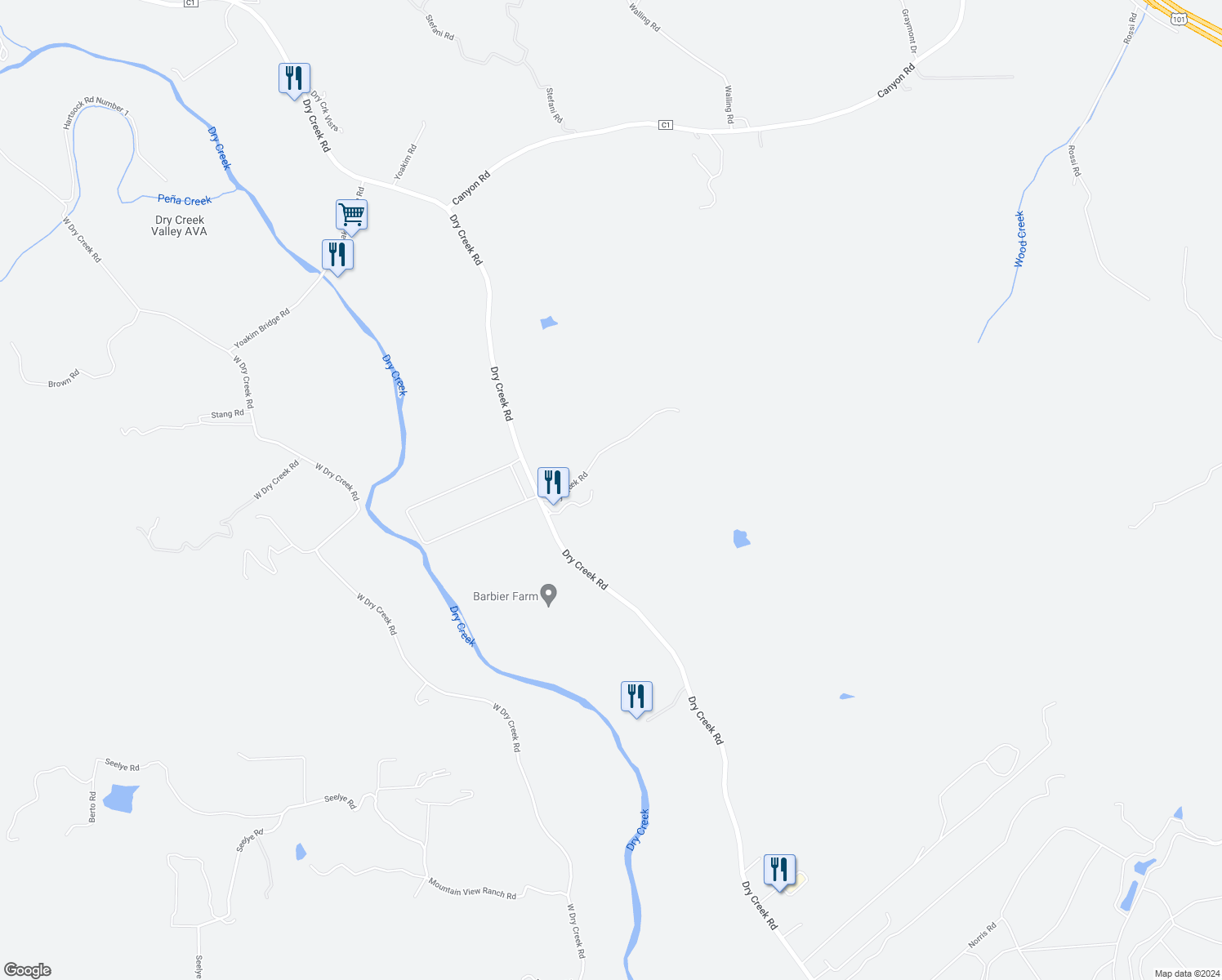 map of restaurants, bars, coffee shops, grocery stores, and more near 6161 Dry Creek Road in Healdsburg